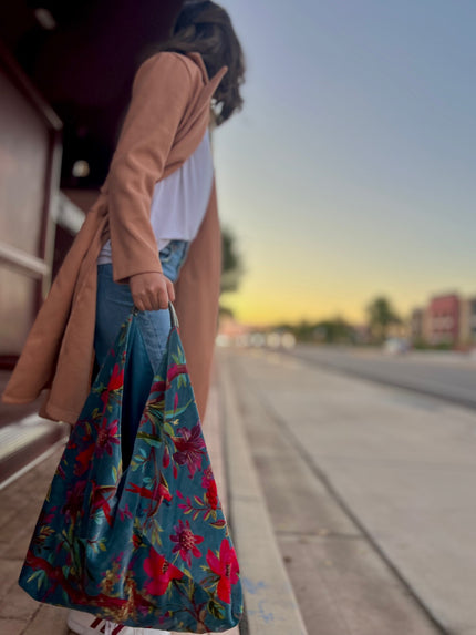 Blue Floral Bird Boho Bag