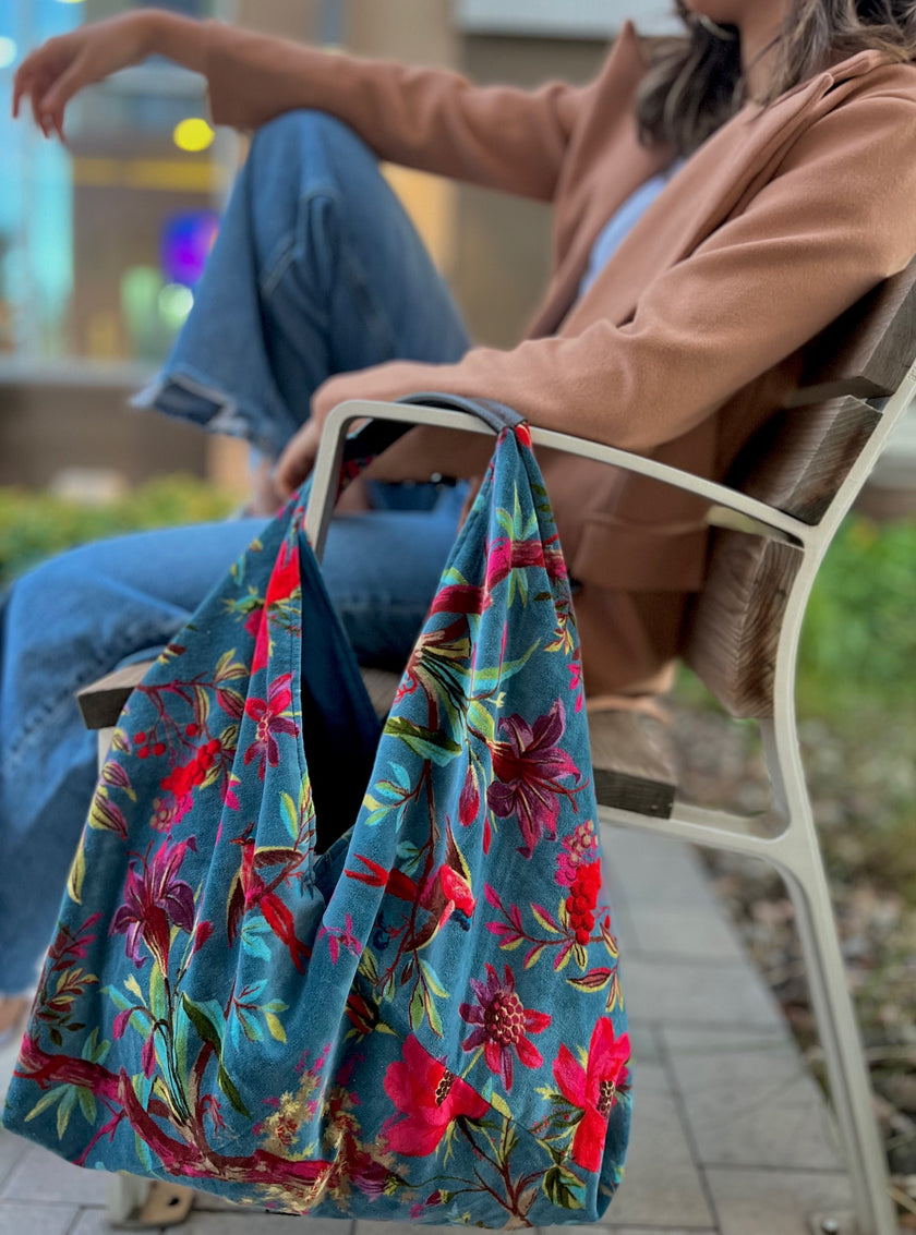 Blue Floral Bird Boho Bag