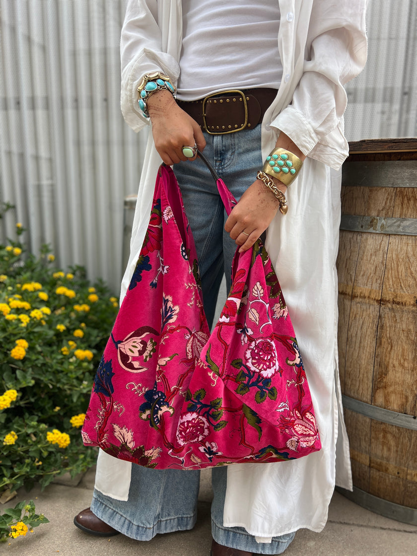 Hot Pink Slouchy Oversized Velvet Tote Boho Bag