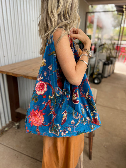Midnight Blue Slouchy Oversized Velvet Tote Boho Bag