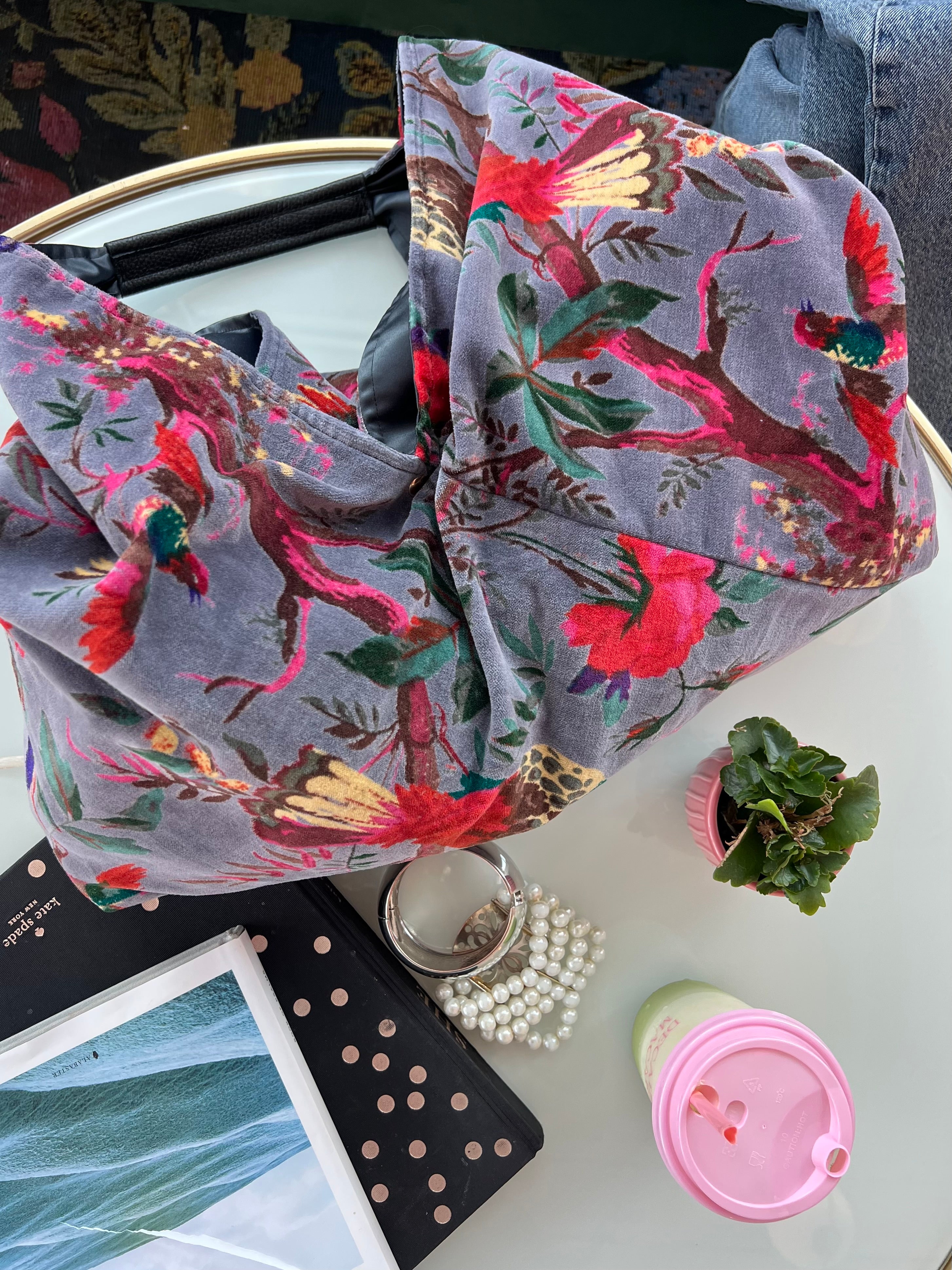 NEW: Smoky Plum Floral Bird Slouchy Oversized Tote Boho Bag