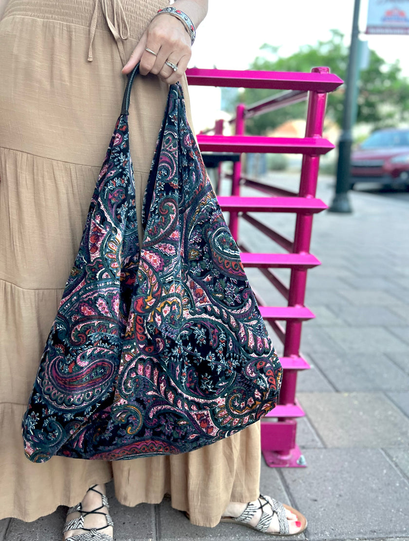 Black Paisley Slouchy Oversized Tote Boho Bag