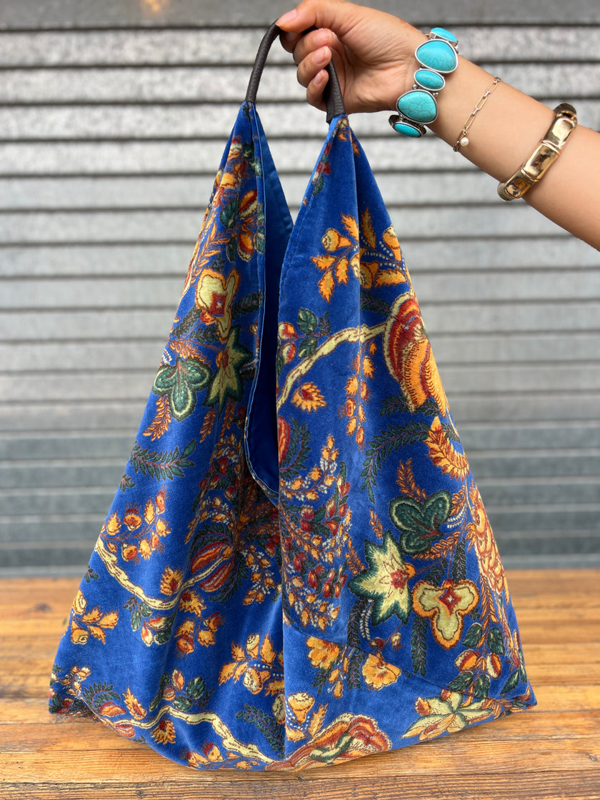 Cobalt Floral Slouchy Oversized Tote Boho Bag