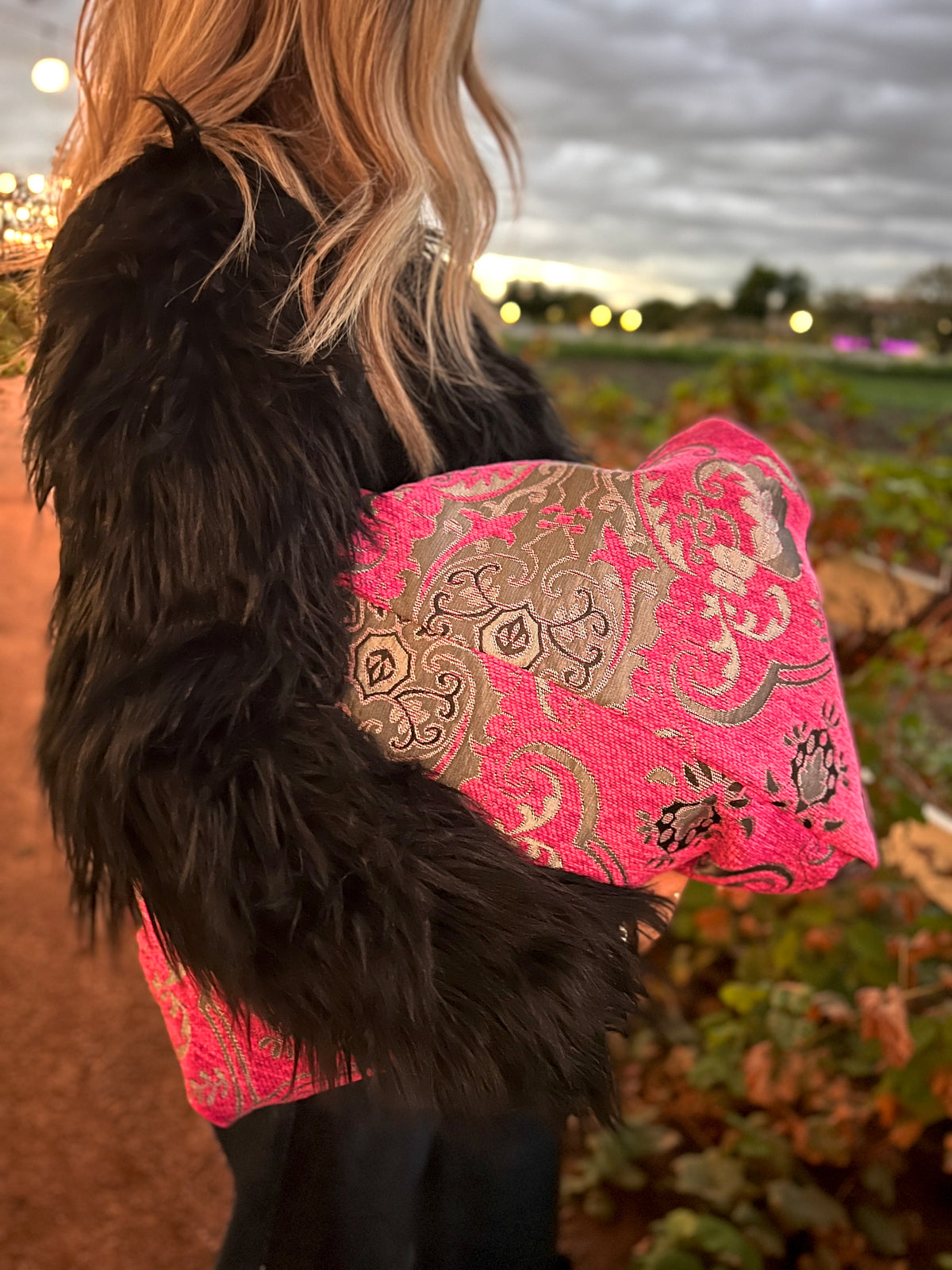 Fuchsia & Silver Slouchy Oversized Chenille Tote Boho Bag