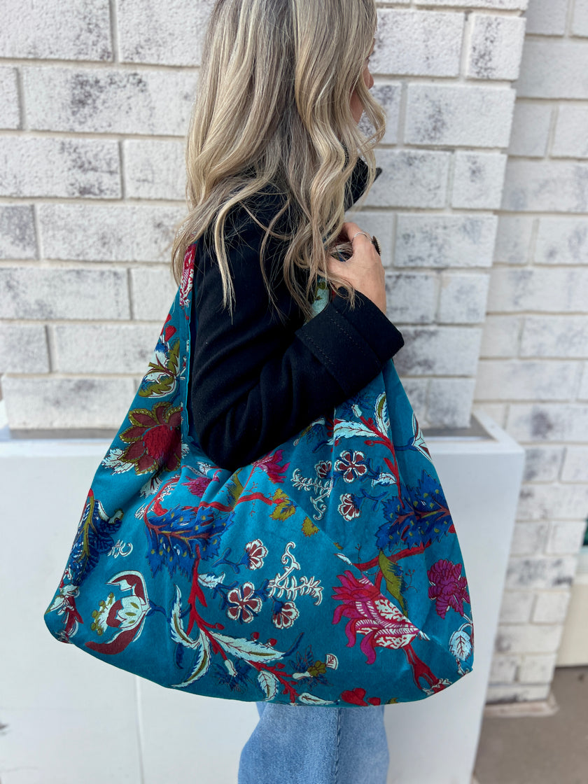 Ocean Blue Floral Slouchy Oversized Tote Boho Bag