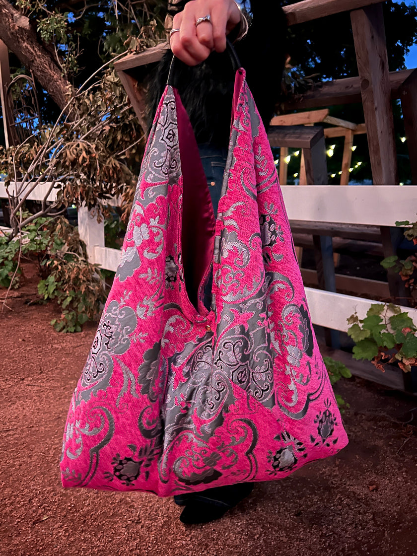 Fuchsia & Silver Slouchy Oversized Chenille Tote Boho Bag