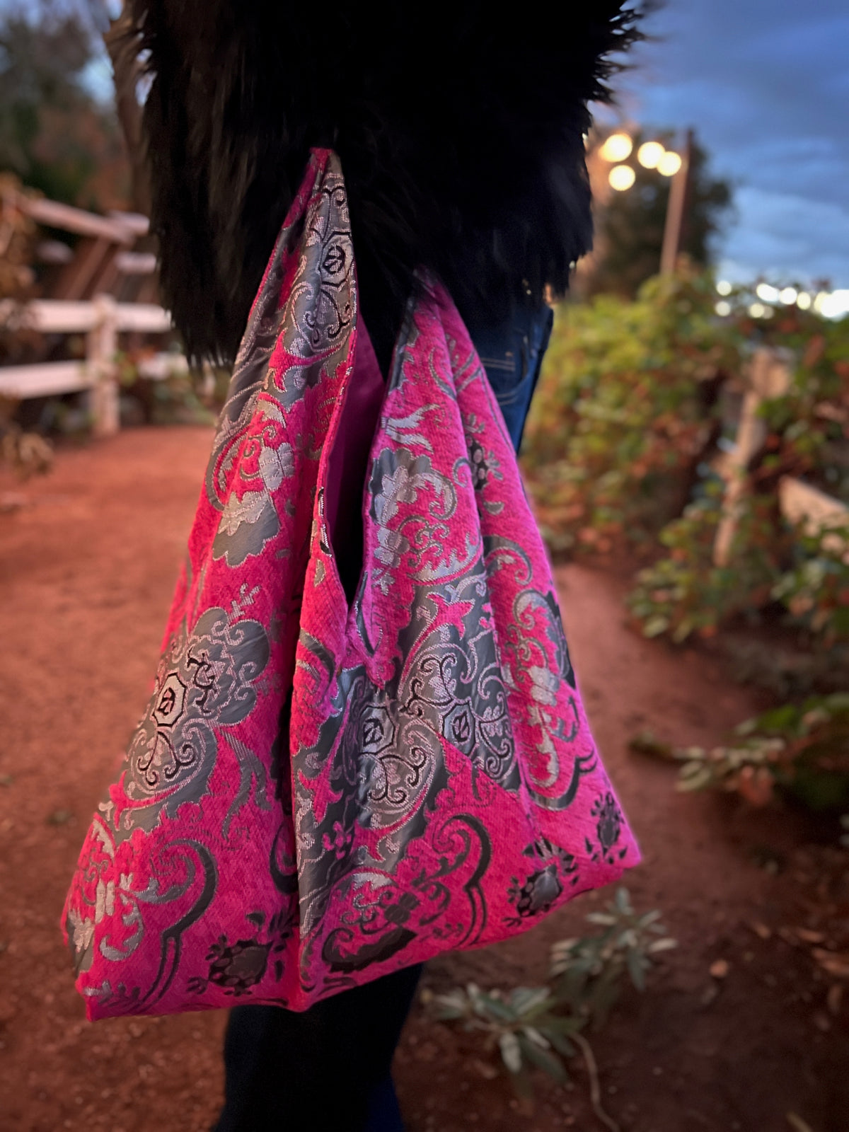 Fuchsia & Silver Slouchy Oversized Chenille Tote Boho Bag