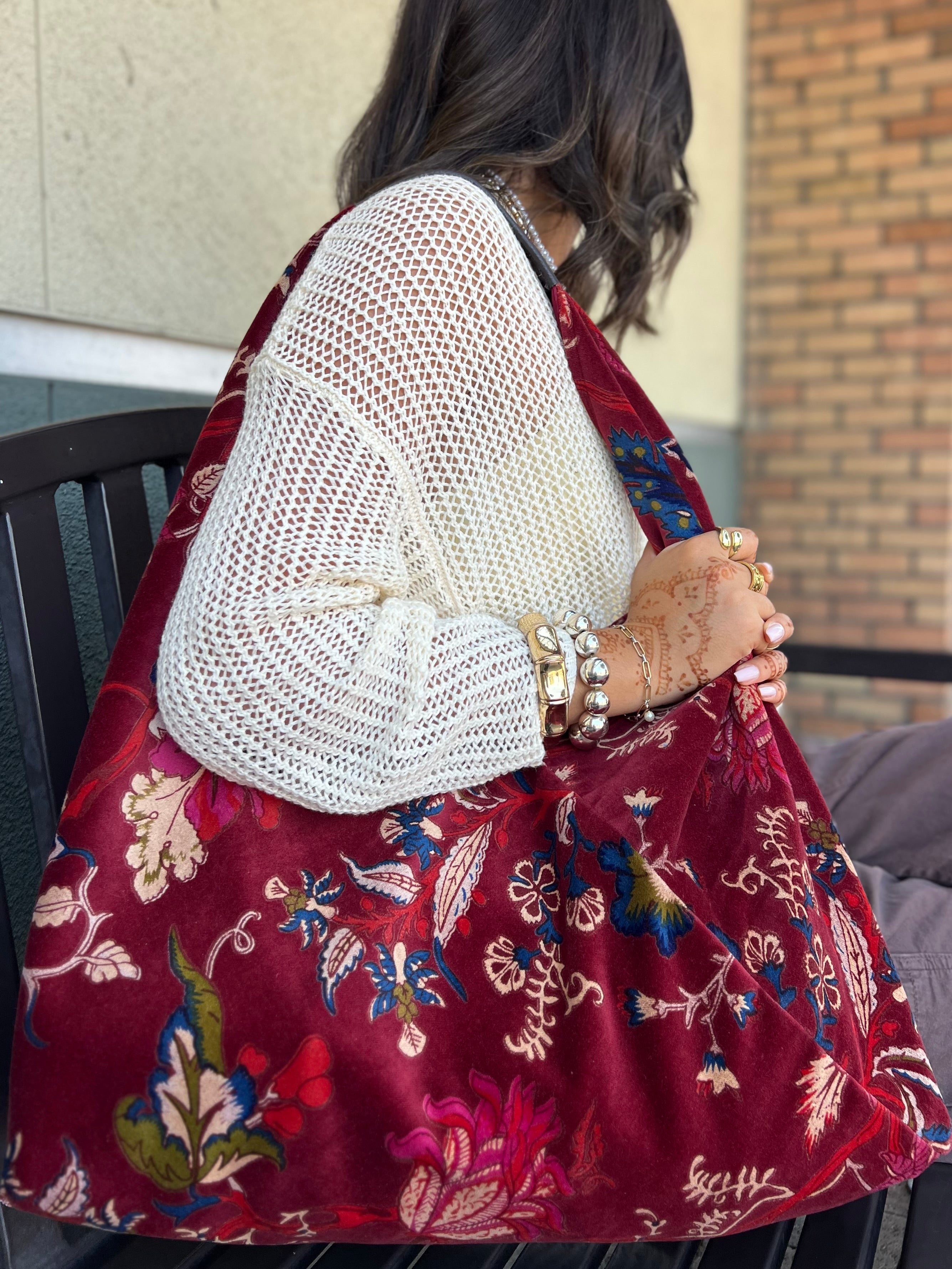 Cranberry Slouchy Oversized Velvet Tote Boho Bag