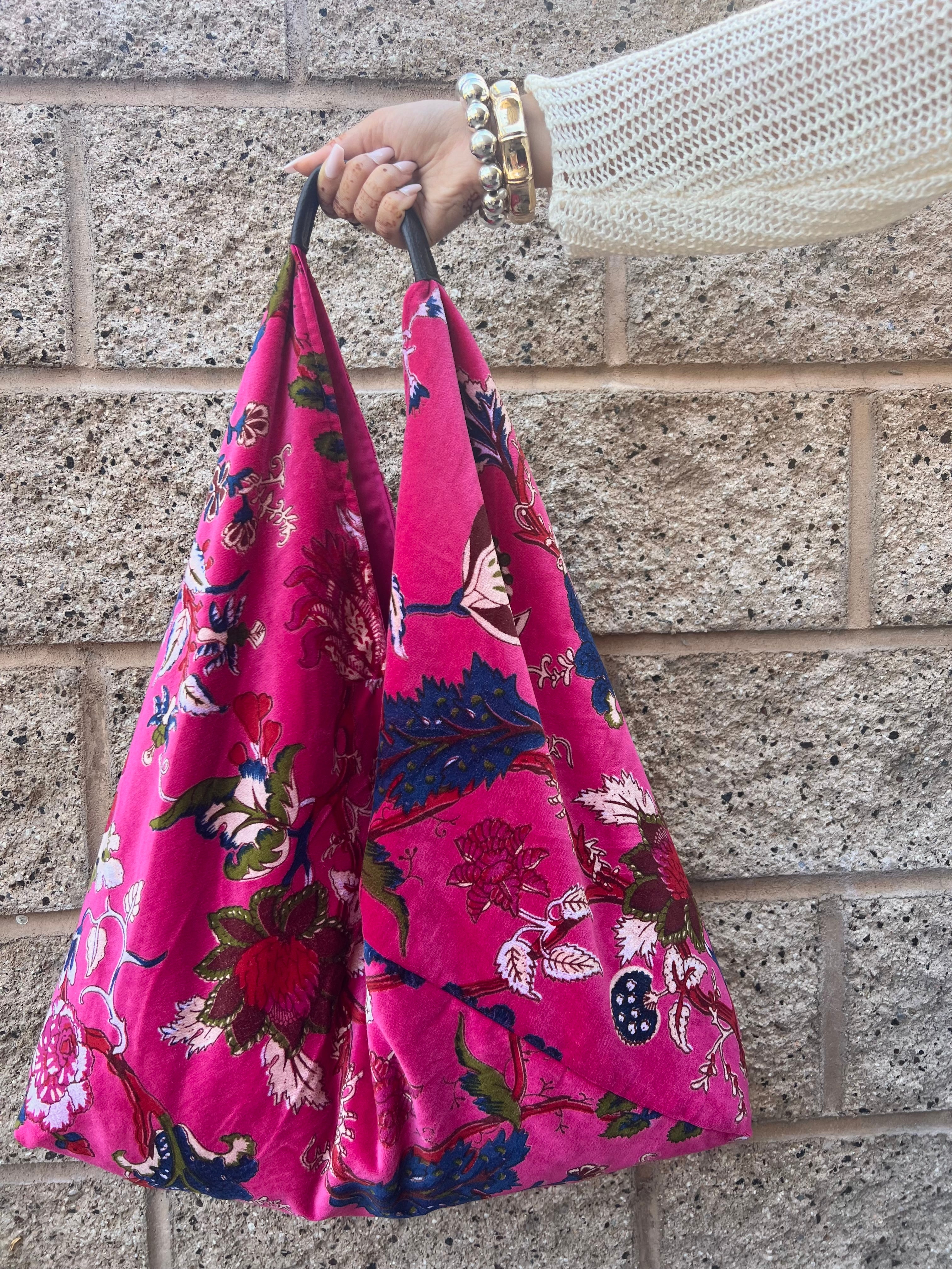 Hot Pink Slouchy Oversized Velvet Tote Boho Bag