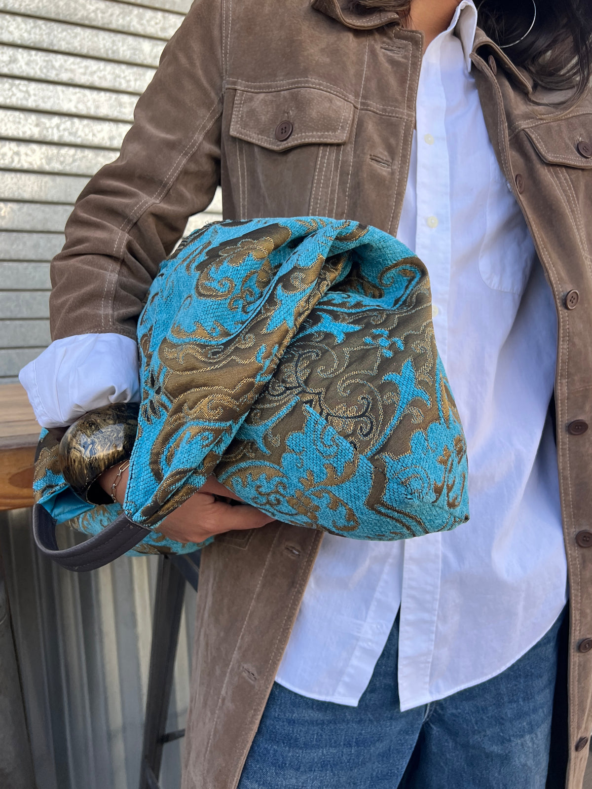 Turquoise & Gold Slouchy Oversized Chenille Tote Boho Bag