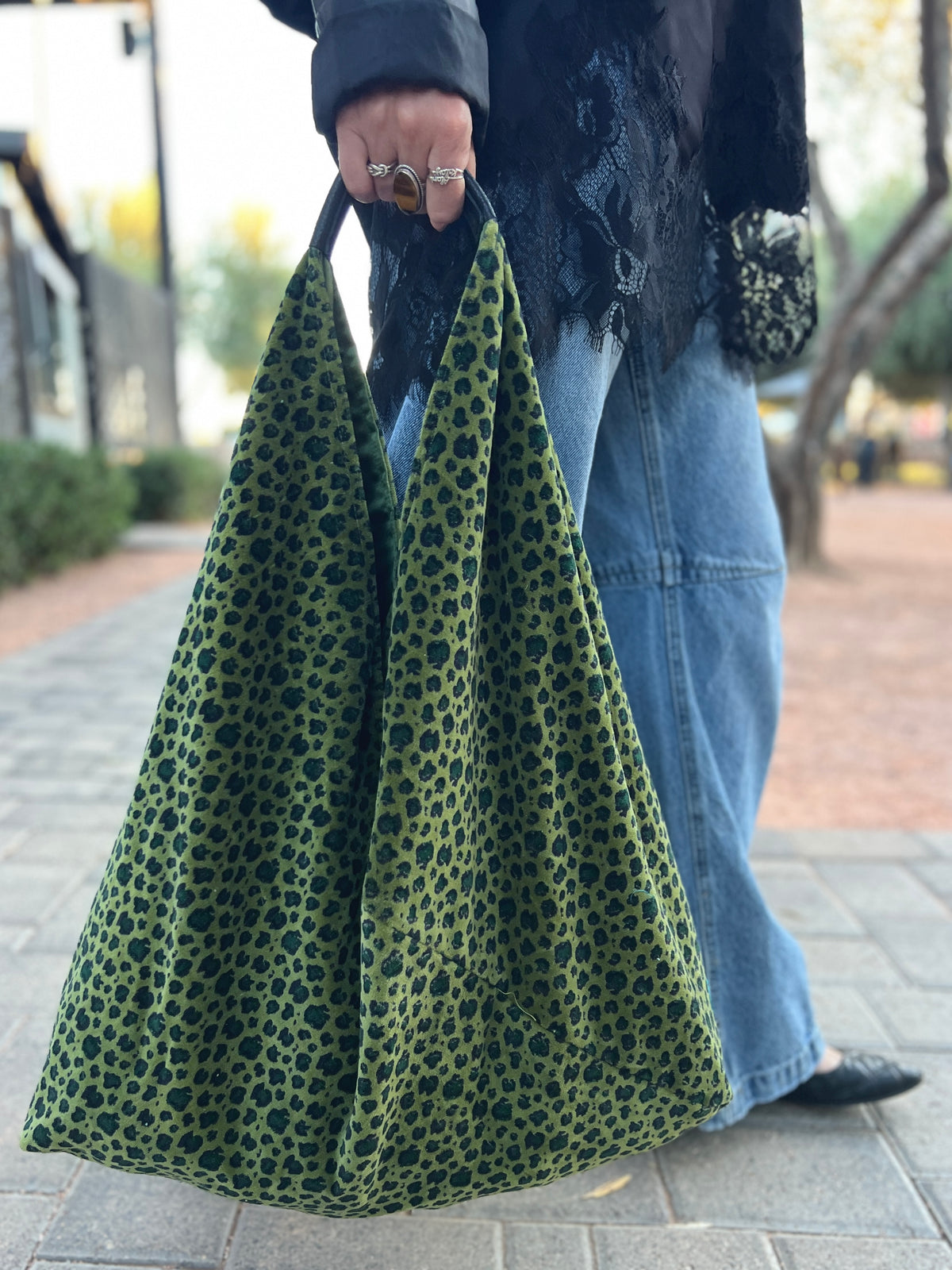 Green Leopard Velvet Slouchy Oversized Tote Boho Bag
