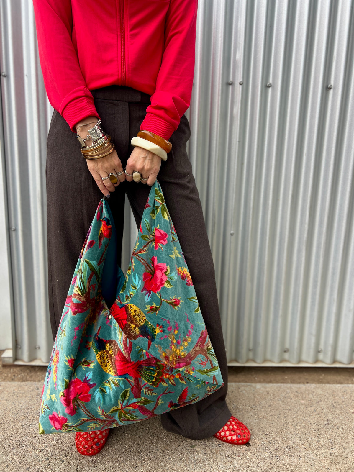 Blue Floral Bird Slouchy Oversized Tote Boho Bag