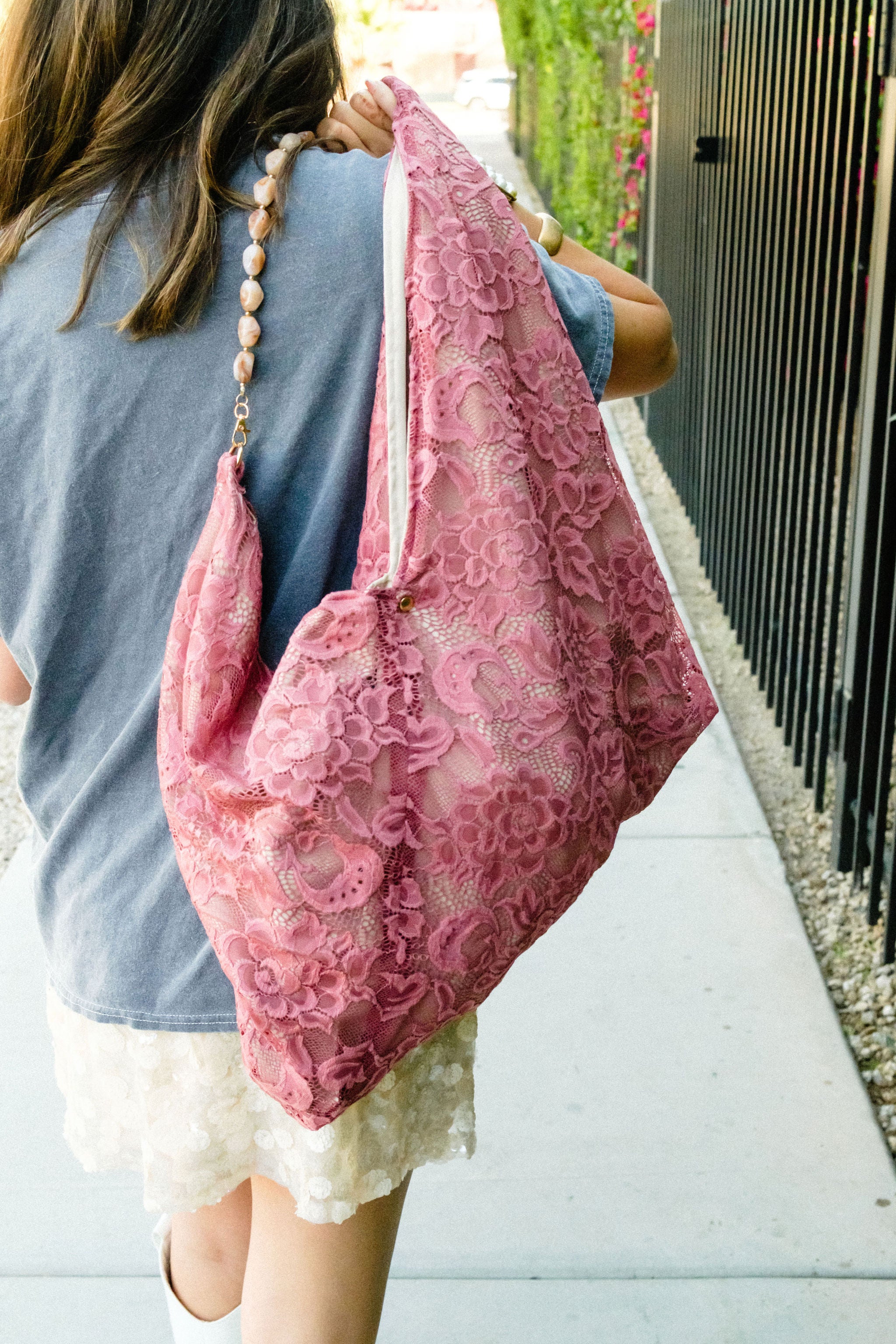 Blush Lace Slouchy Oversized Tote Boho Bag