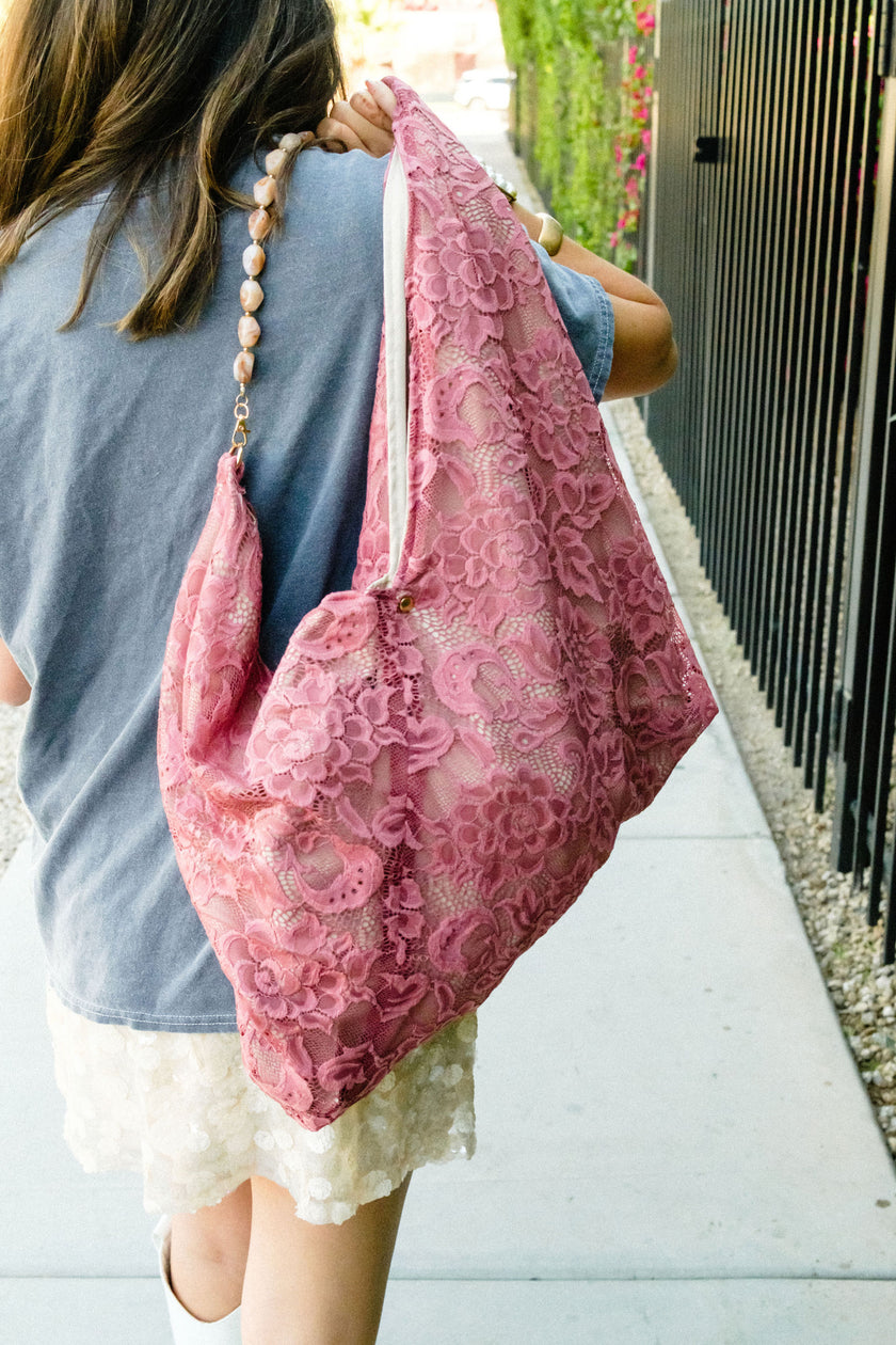 Blush Lace Slouchy Oversized Tote Boho Bag