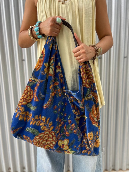Cobalt Floral Slouchy Oversized Tote Boho Bag