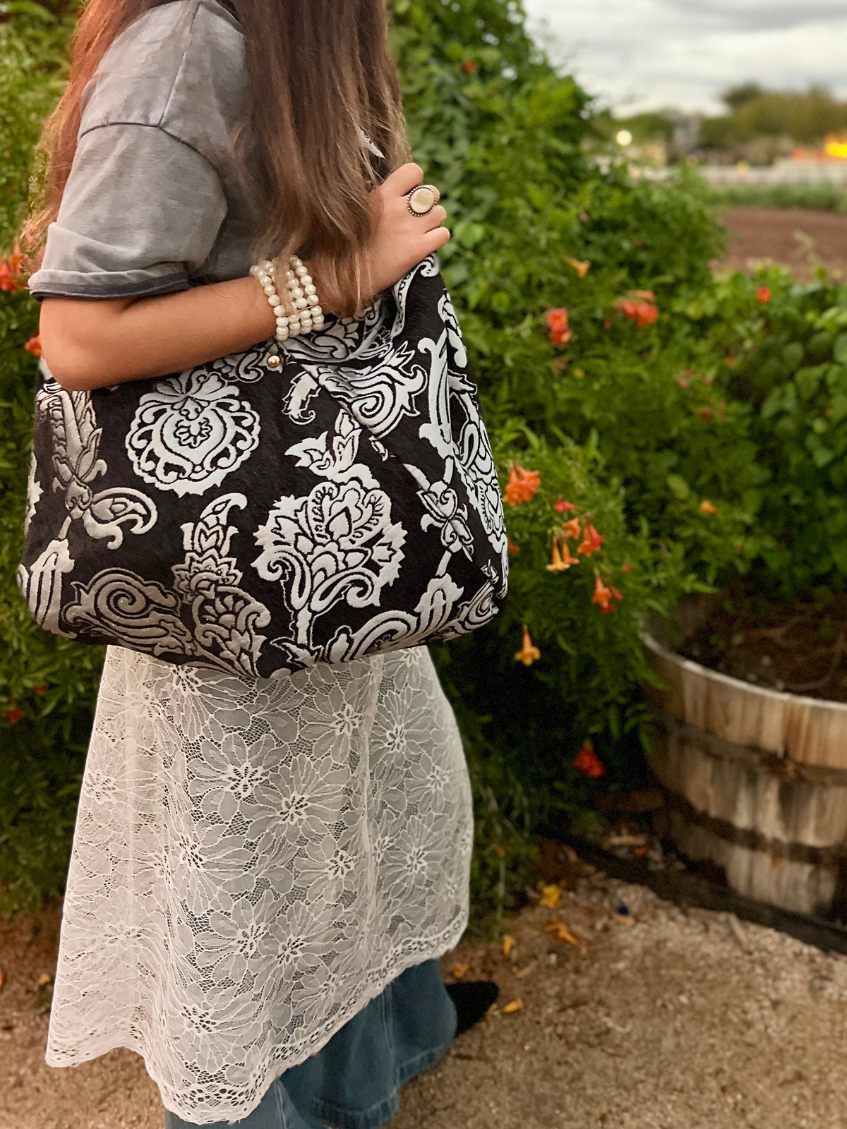 Midnight & Ice Slouchy Oversized Chenille Tote Boho Bag