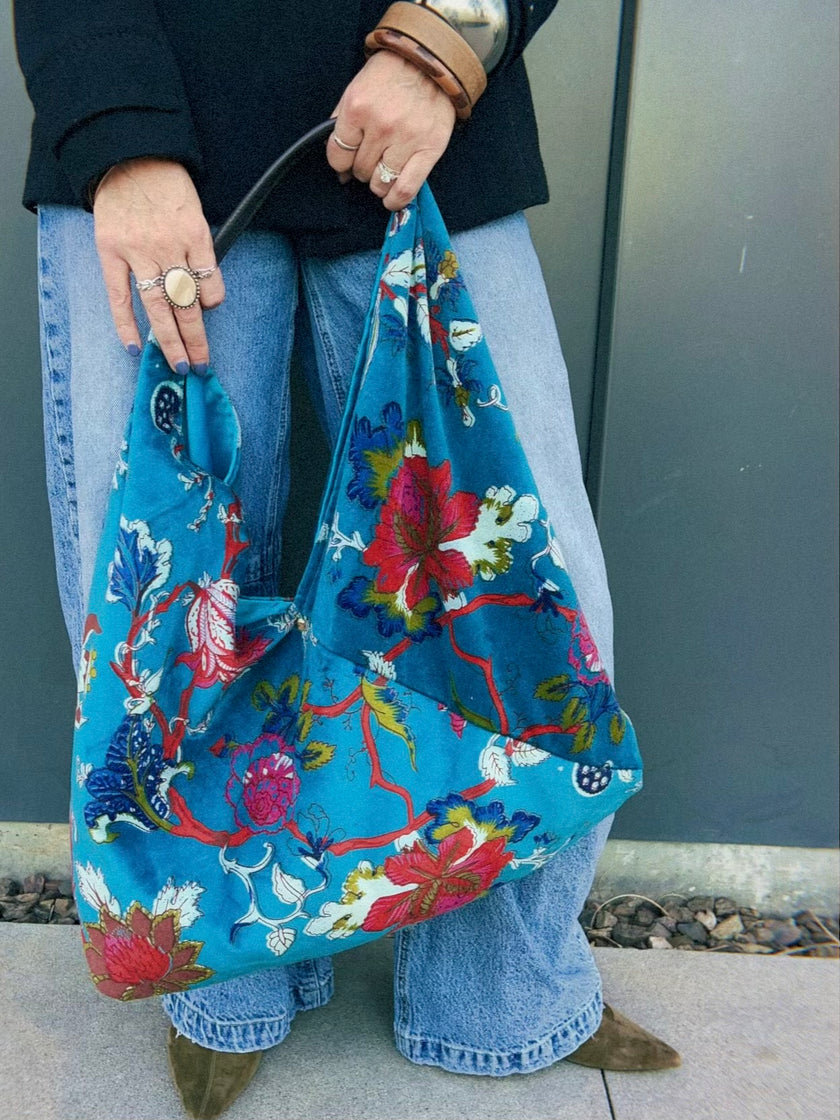 Ocean Blue Floral Slouchy Oversized Tote Boho Bag