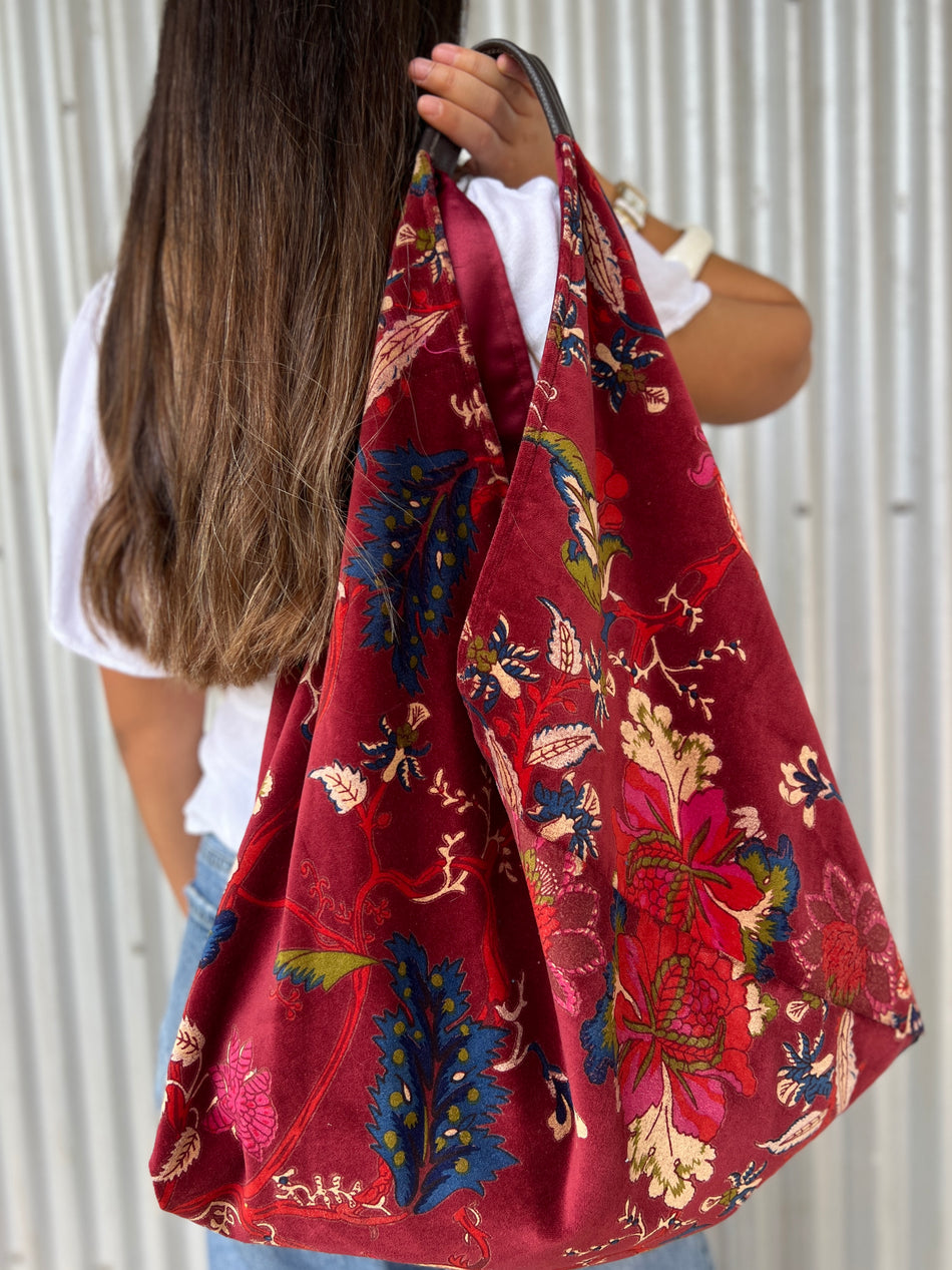 Cranberry Slouchy Oversized Velvet Tote Boho Bag