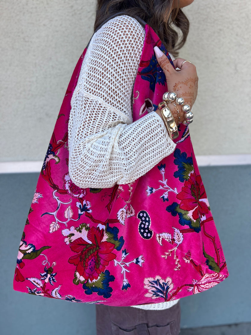 Hot Pink Slouchy Oversized Velvet Tote Boho Bag
