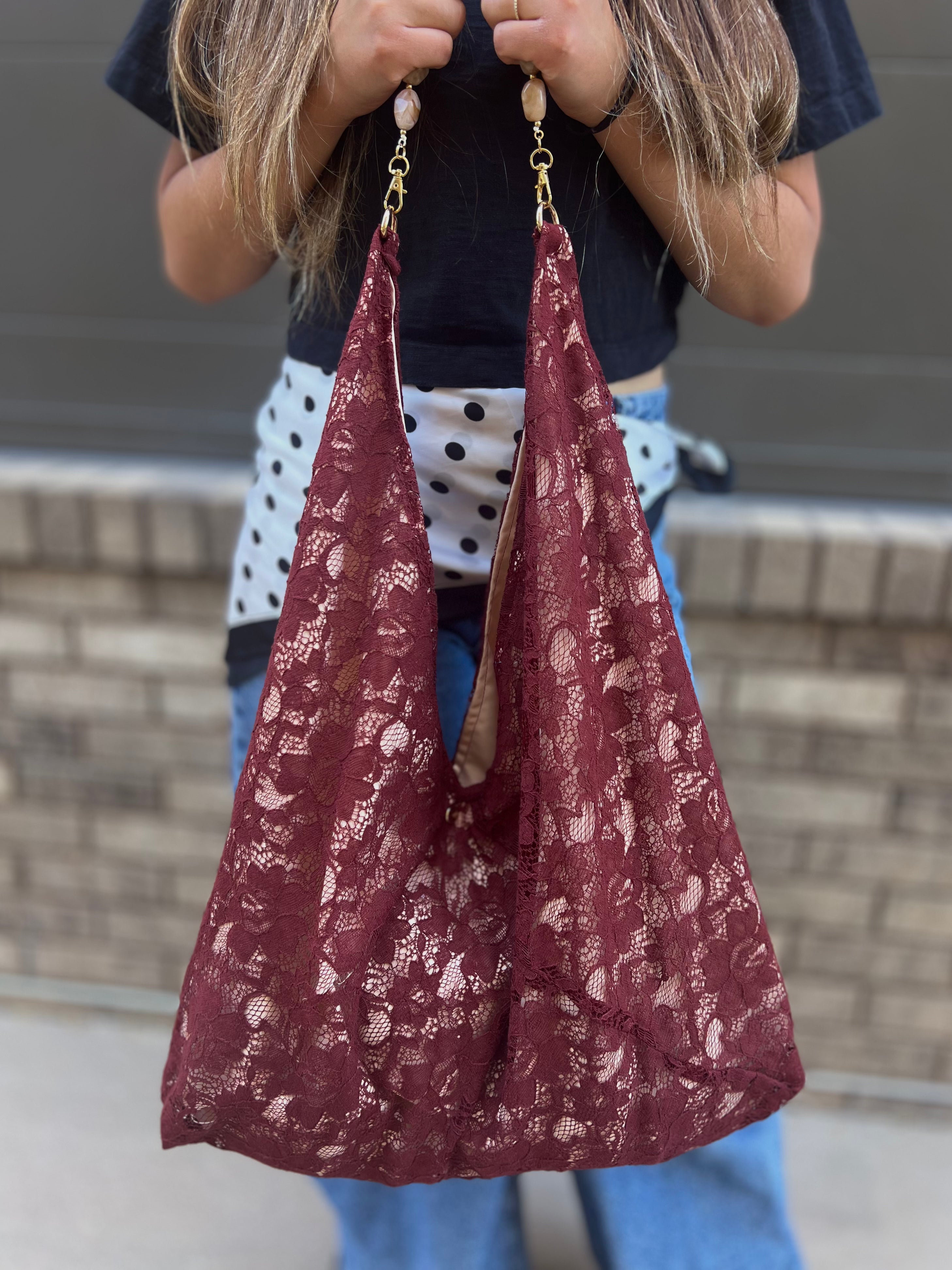 Lace Burgundy Slouchy Oversized Tote Boho Bag