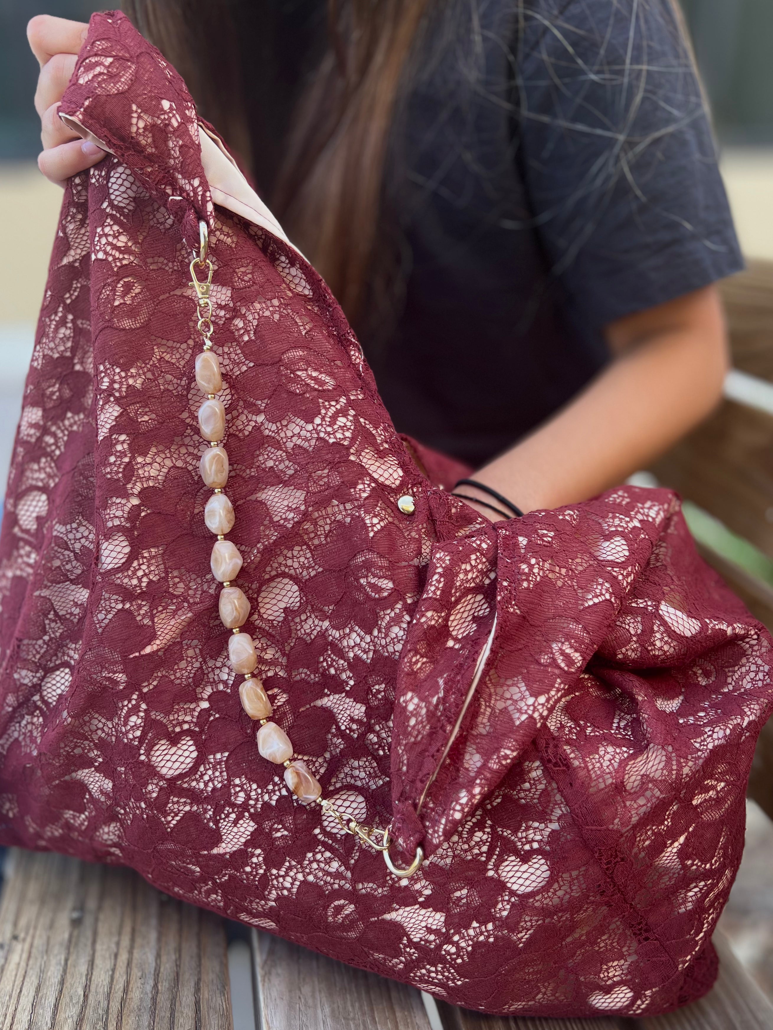 Lace Burgundy Slouchy Oversized Tote Boho Bag