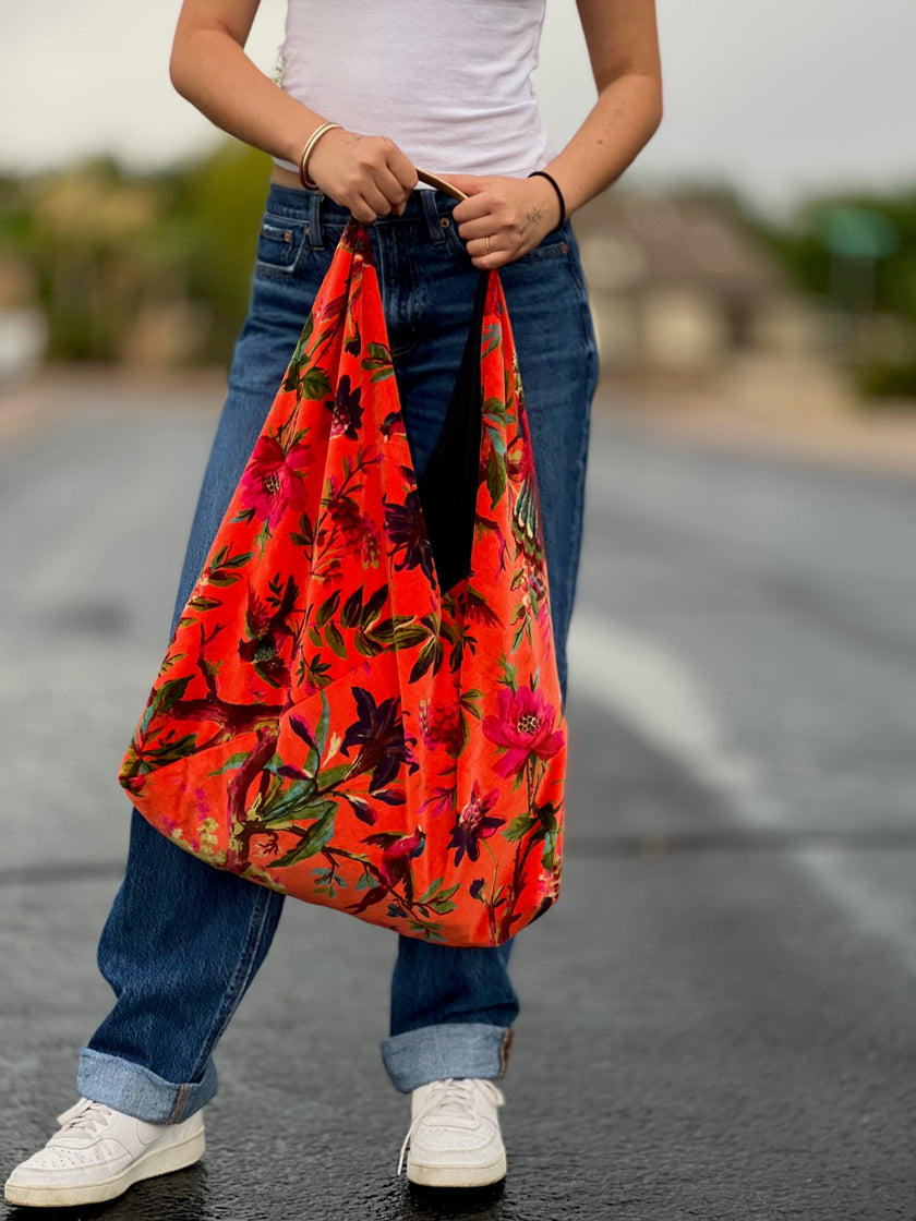 Orange Bird Velvet Boho Bag
