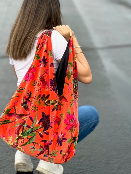 Orange Bird Velvet Boho Bag