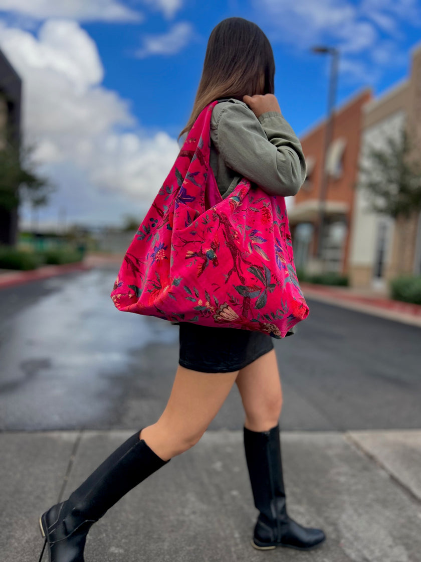Pink Floral Bird Boho Bag